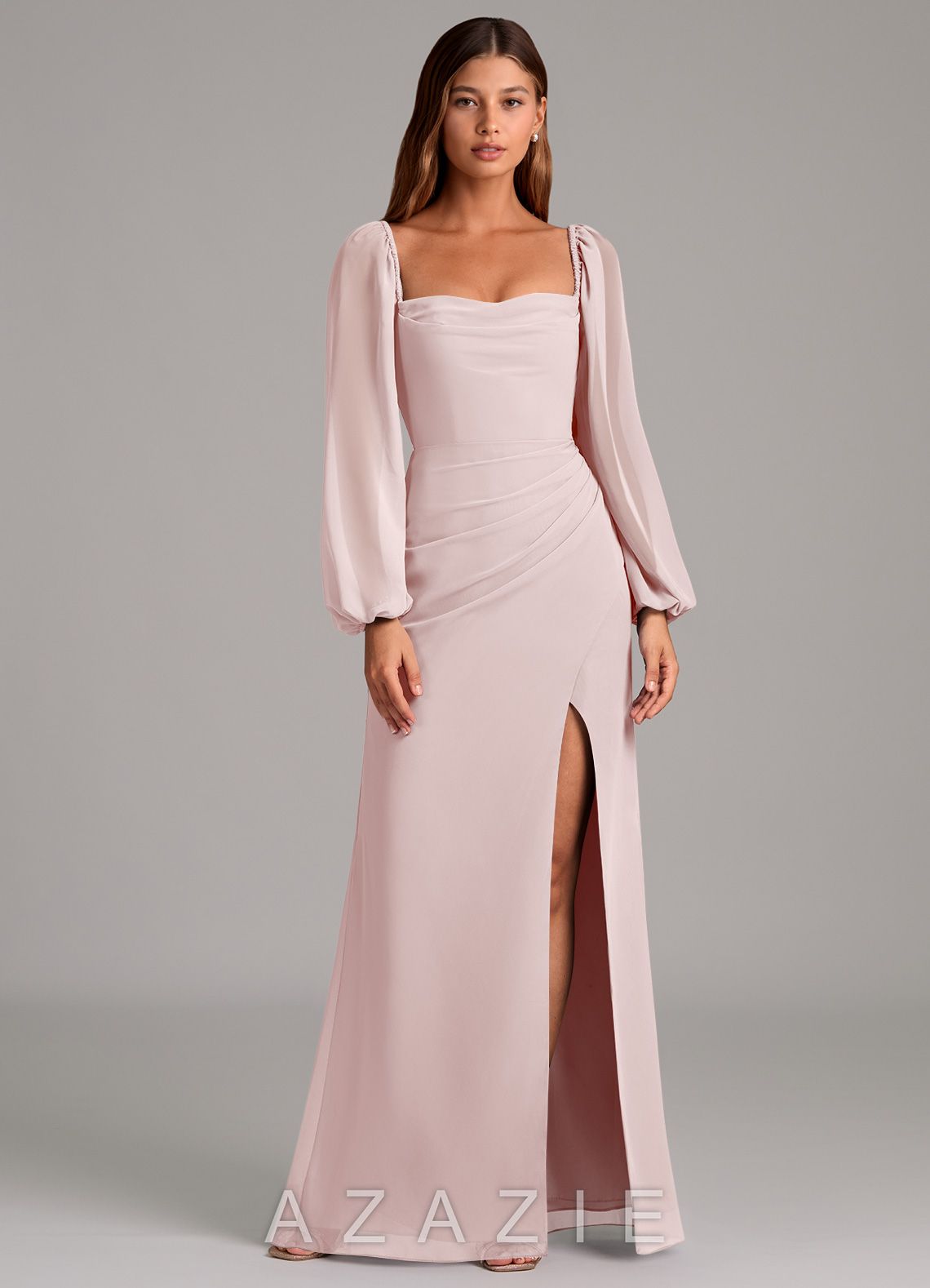 Azazie Brixley Blushing Pink Mermaid Long Sleeve Chiffon Dress