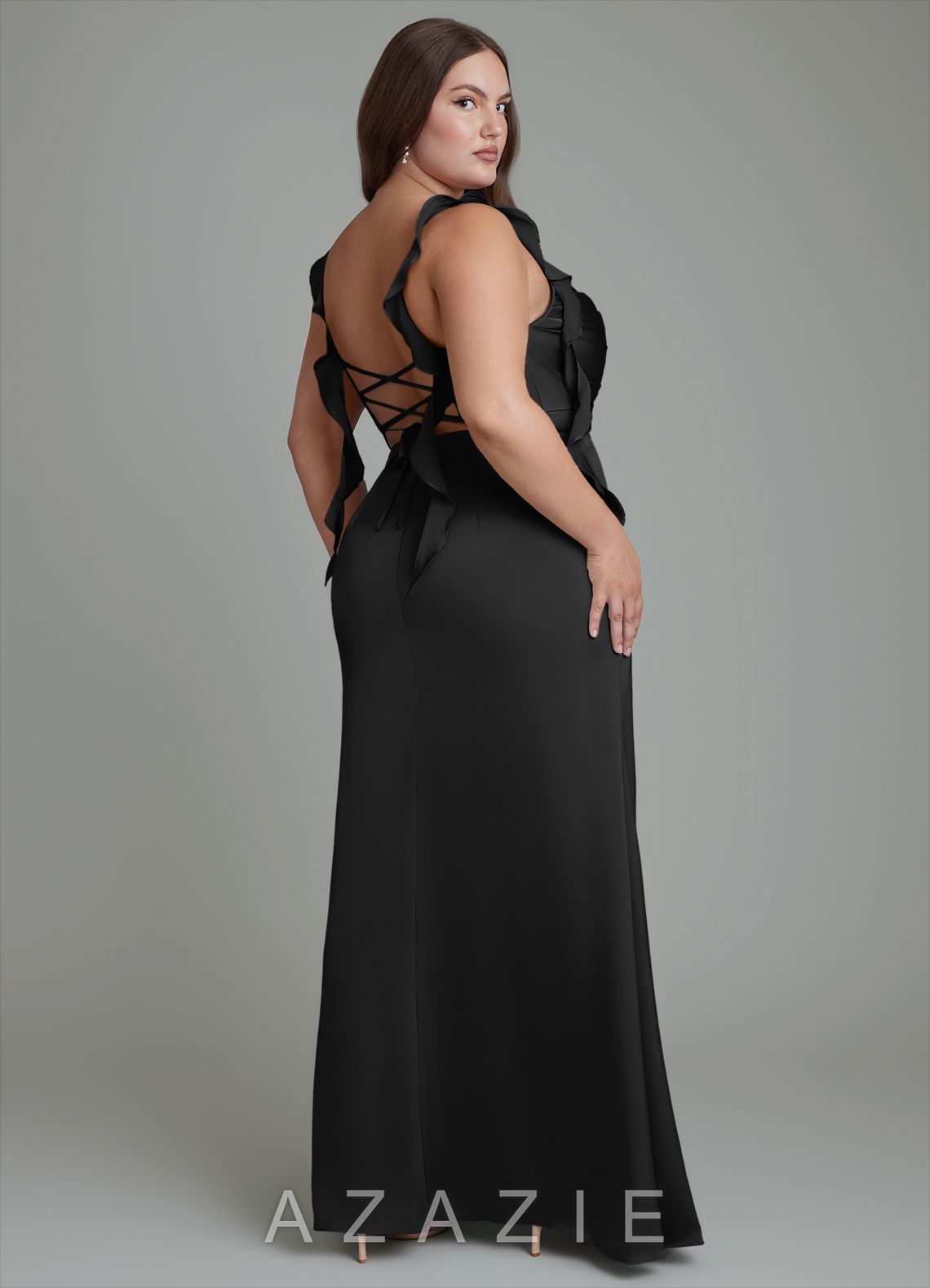 Azazie Jessamine Black Sheath Corset Stretch Satin Dress black