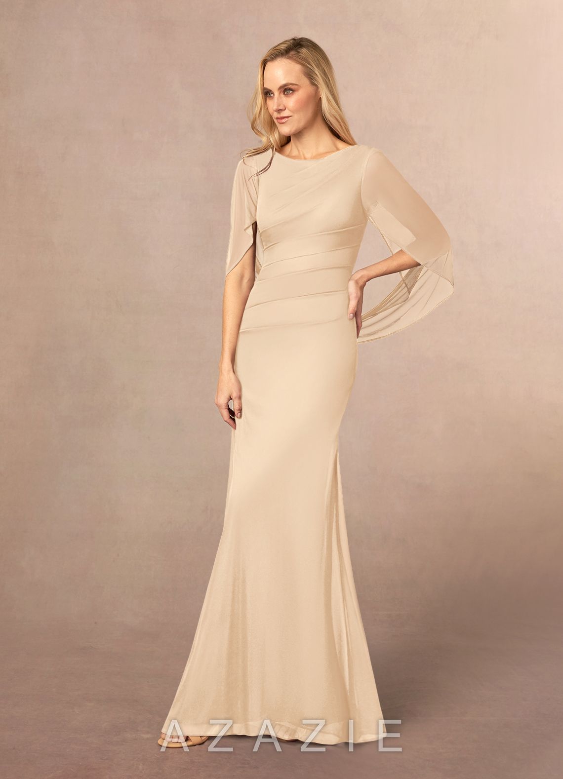 Azazie Belladonna Champagne Mermaid Scoop Pleated Mesh Dress champagne