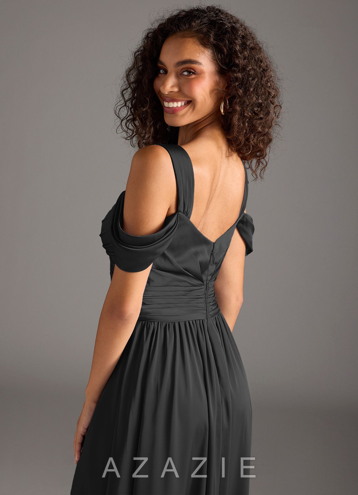 Azazie Lianne Black A-Line Off the Shoulder Stretch Satin Dress black