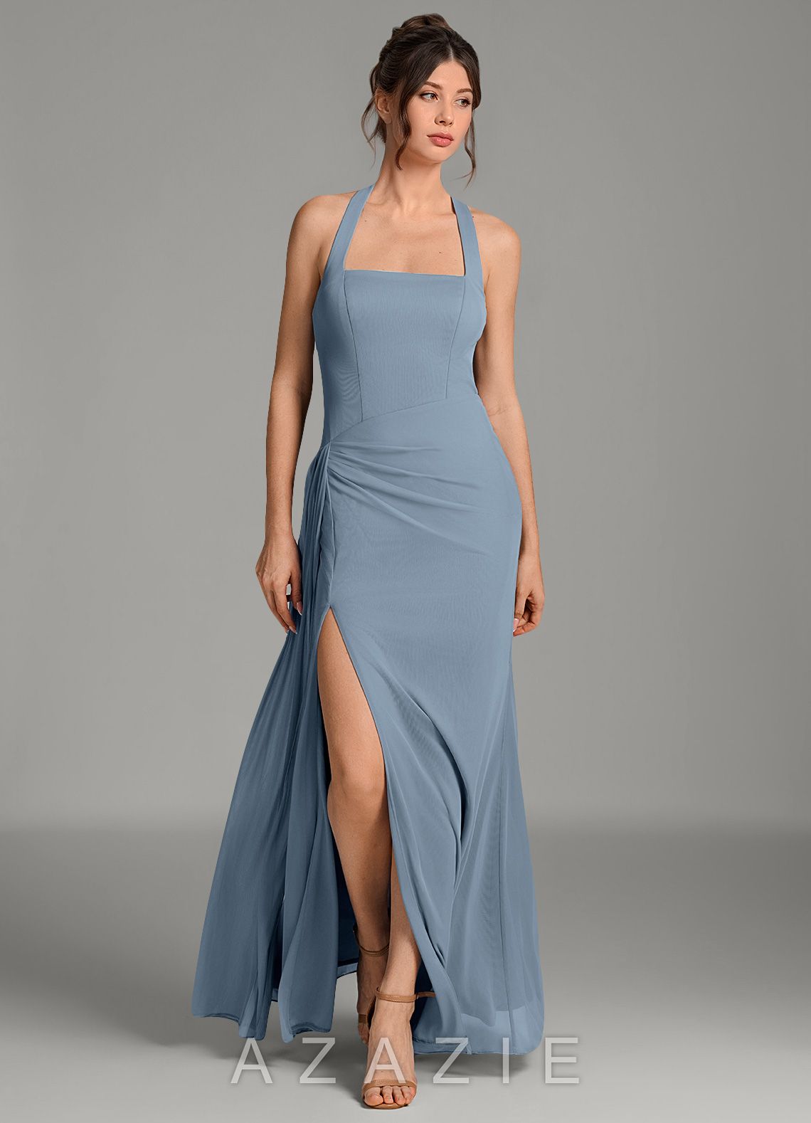 Azazie Ezra Dusty Blue Mermaid Pleated Mesh Dress dusty_blue