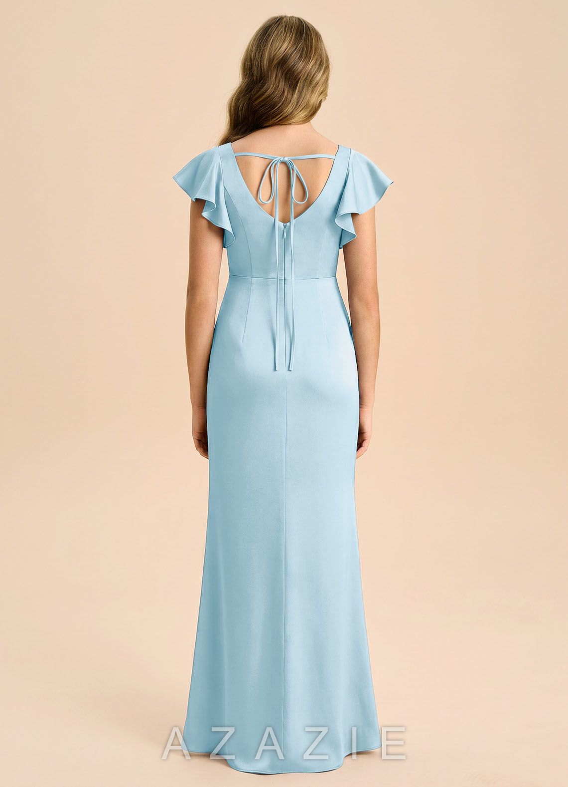 Azazie Demi Junior Sky Blue Mermaid Bow Stretch Satin Dress sky_blue