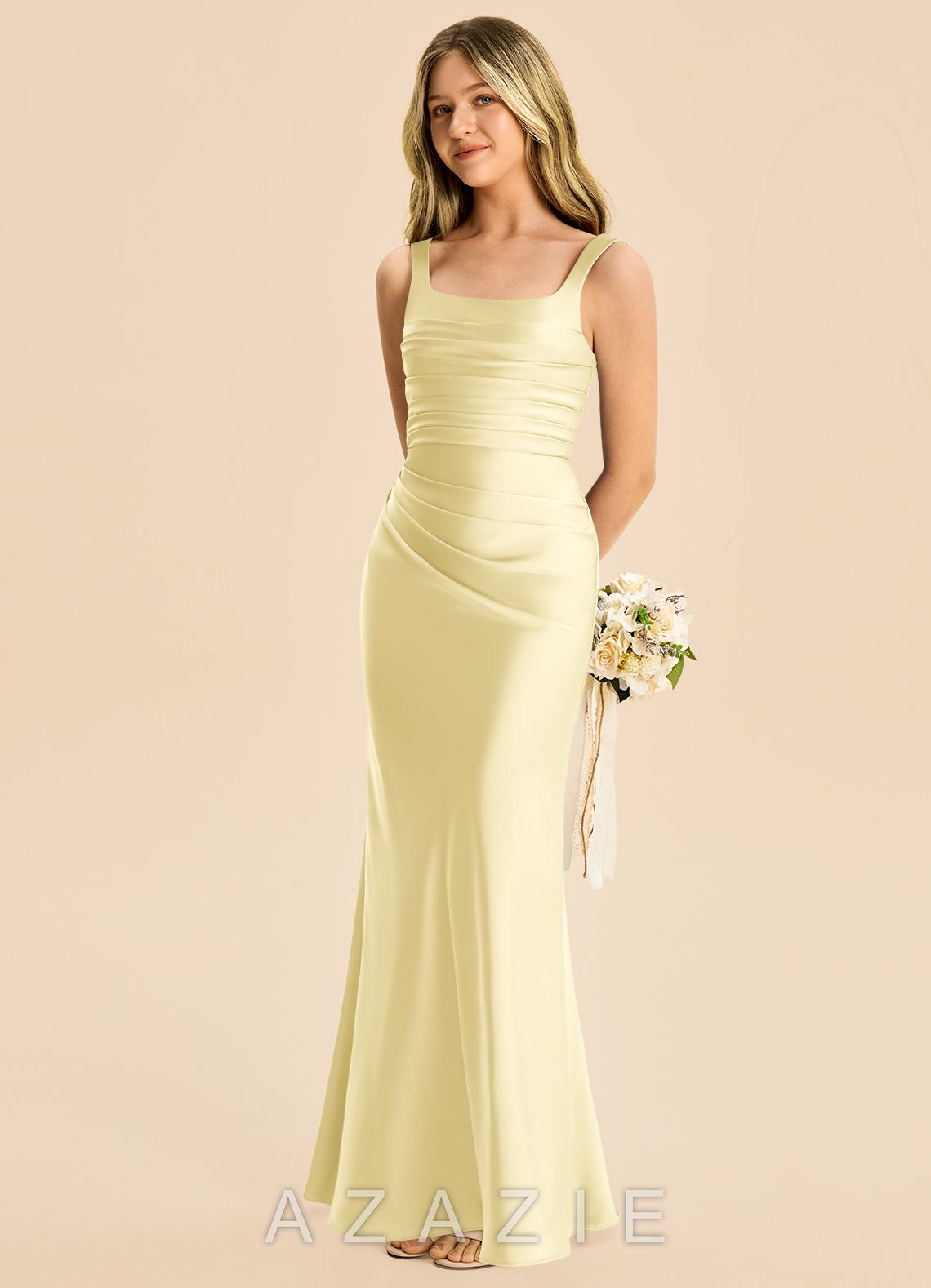 Azazie Agustina Junior Lemon Sorbet Sheath Pleated Stretch Satin Dress