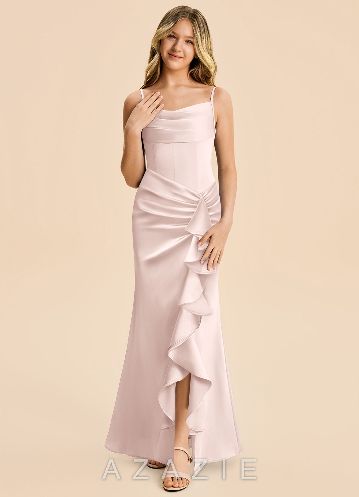 Azazie Rosalia Junior Blushing Pink Sheath Pleated Stretch Satin Dress blushing_pink