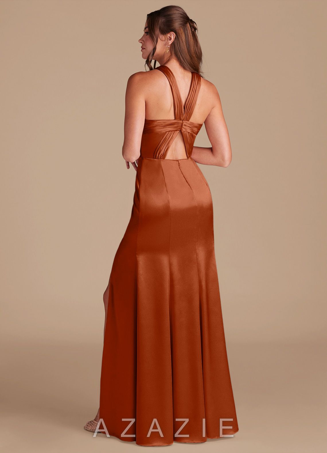 Azazie Rue Auburn Mermaid Pleated Metallic Satin Dress auburn