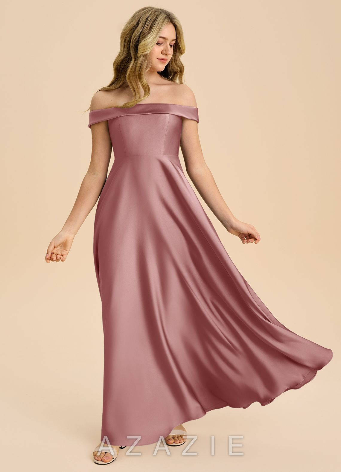 Azazie Sissy Junior Dusty Rose A-Line Off the Shoulder Stretch Satin Dress dusty_rose
