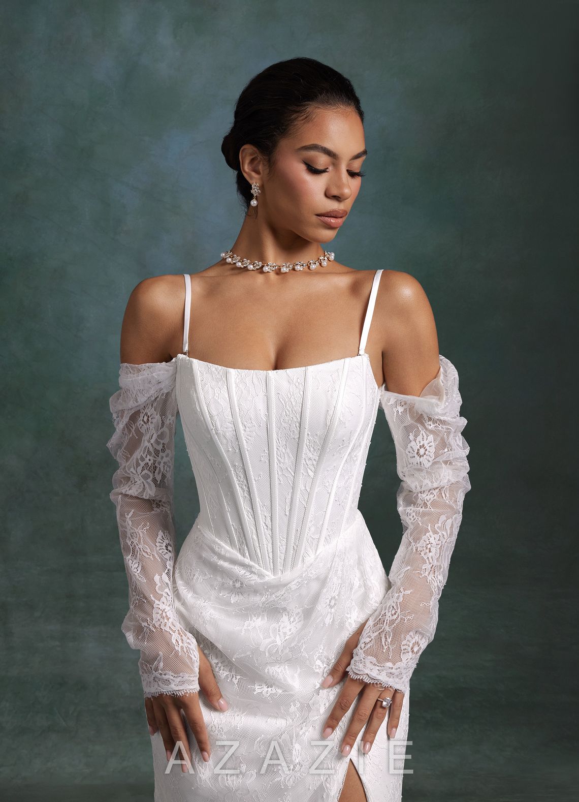 Azazie Zelda Diamond White Mermaid Side Slit Lace Dress diamond_white