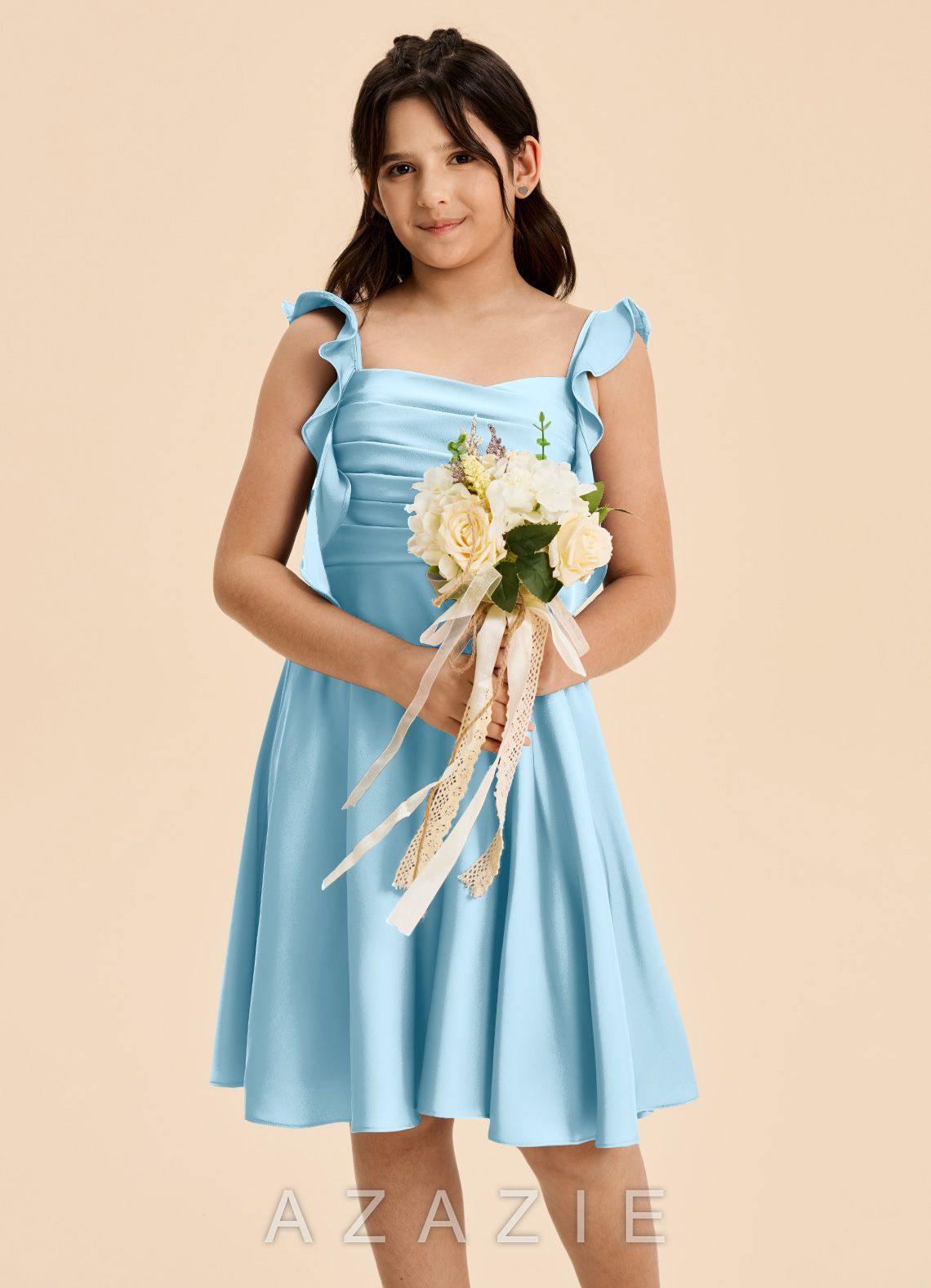 Azazie Kira Junior Sky Blue A-Line Ruched Stretch Satin Dress sky_blue