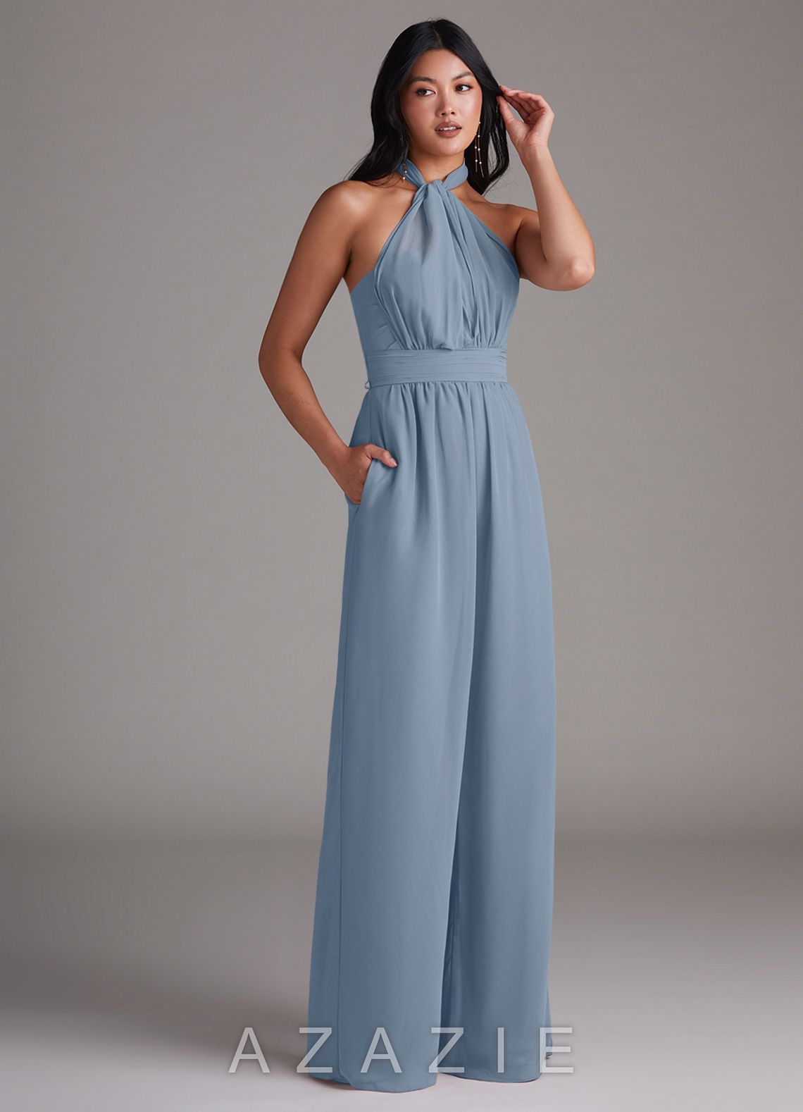 Azazie Lamara Dusty Blue Off the Shoulder Chiffon Convertible Jumpsuit dusty_blue