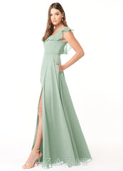 Azazie Jinny Agave A-Line Square Neckline Ruched Chiffon Dress agave