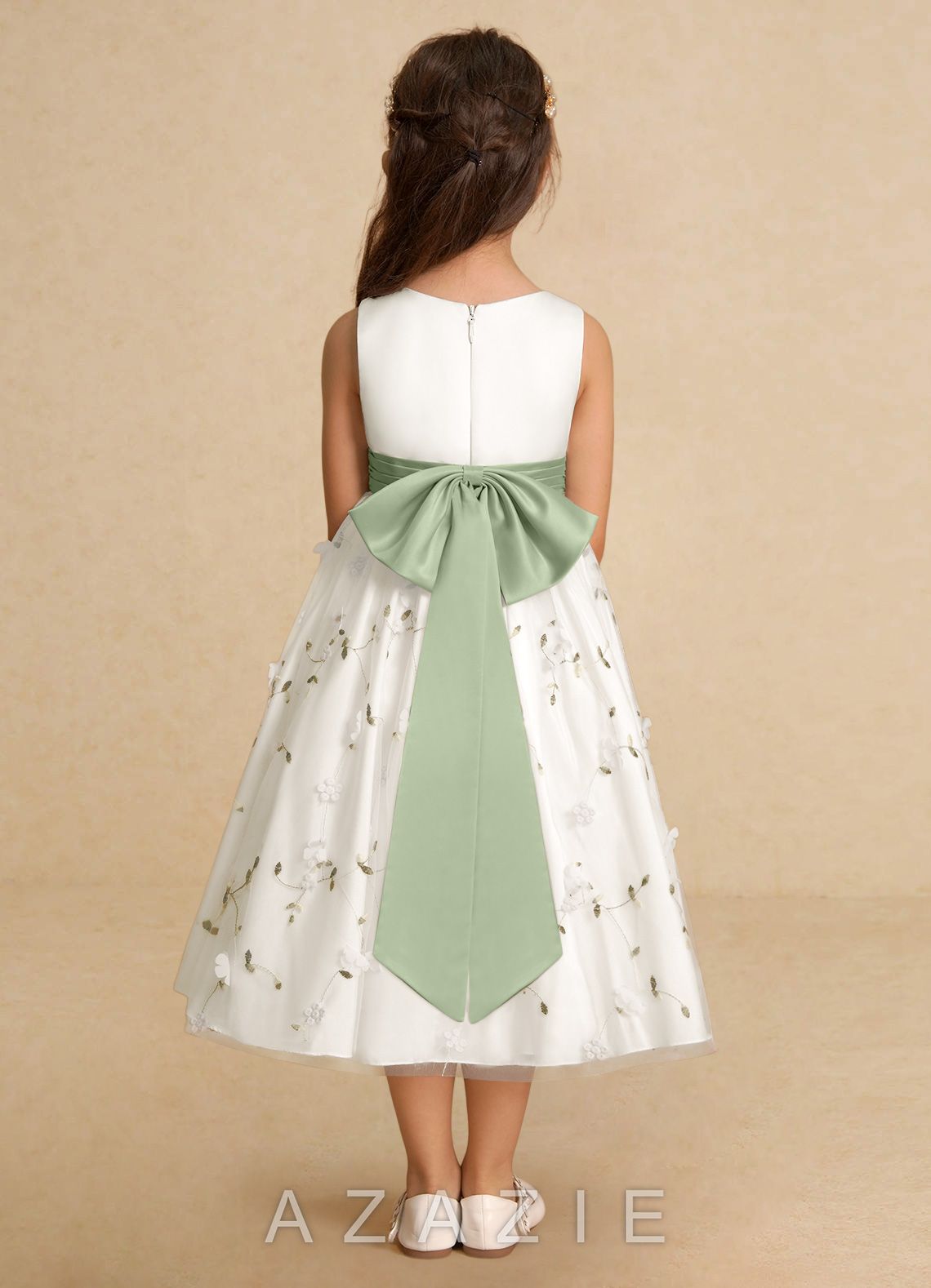 Azazie Pollie Ivory Dusty Sage A-Line Bow Tulle Dress ivory/dusty_sage