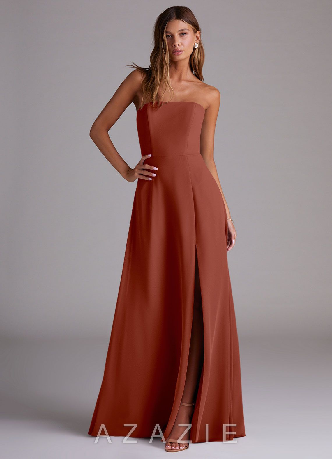 Azazie Wren Auburn A-Line Side Slit Chiffon Convertible Dress auburn