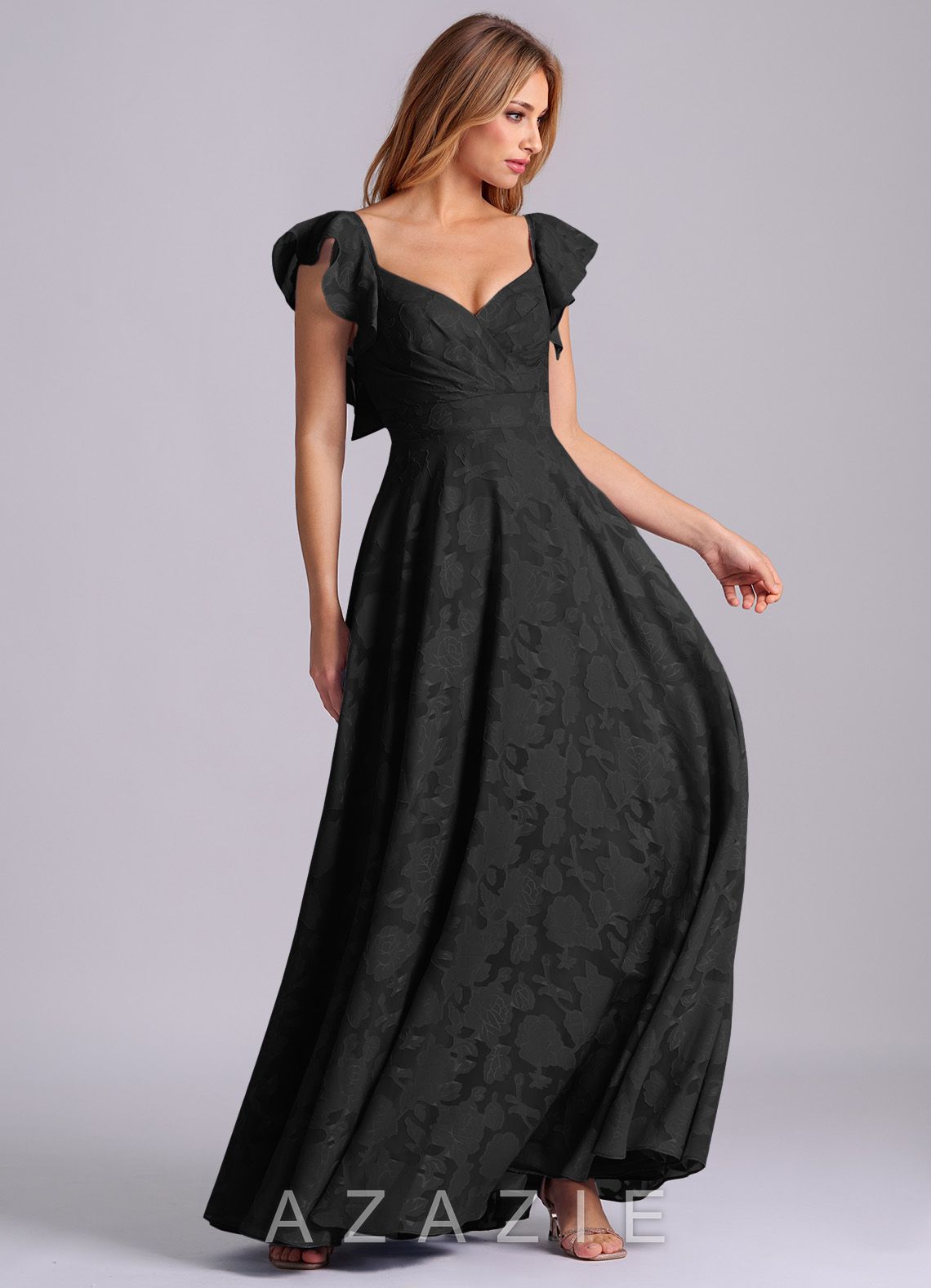 Azazie Leilani Black A-Line Sweetheart Neckline Floral Burnout Dress black