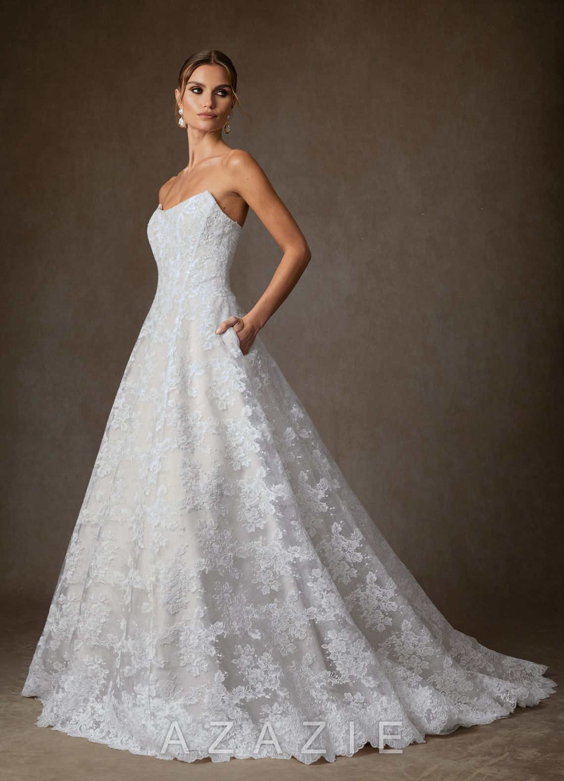 Azazie Layla Diamond White Ball-Gown Strapless Lace Dress