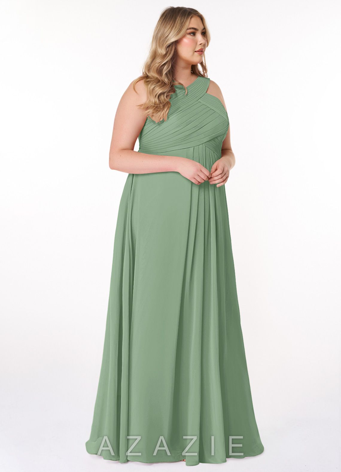 Azazie Kaleigh Matcha A-Line Pleated Chiffon Dress matcha
