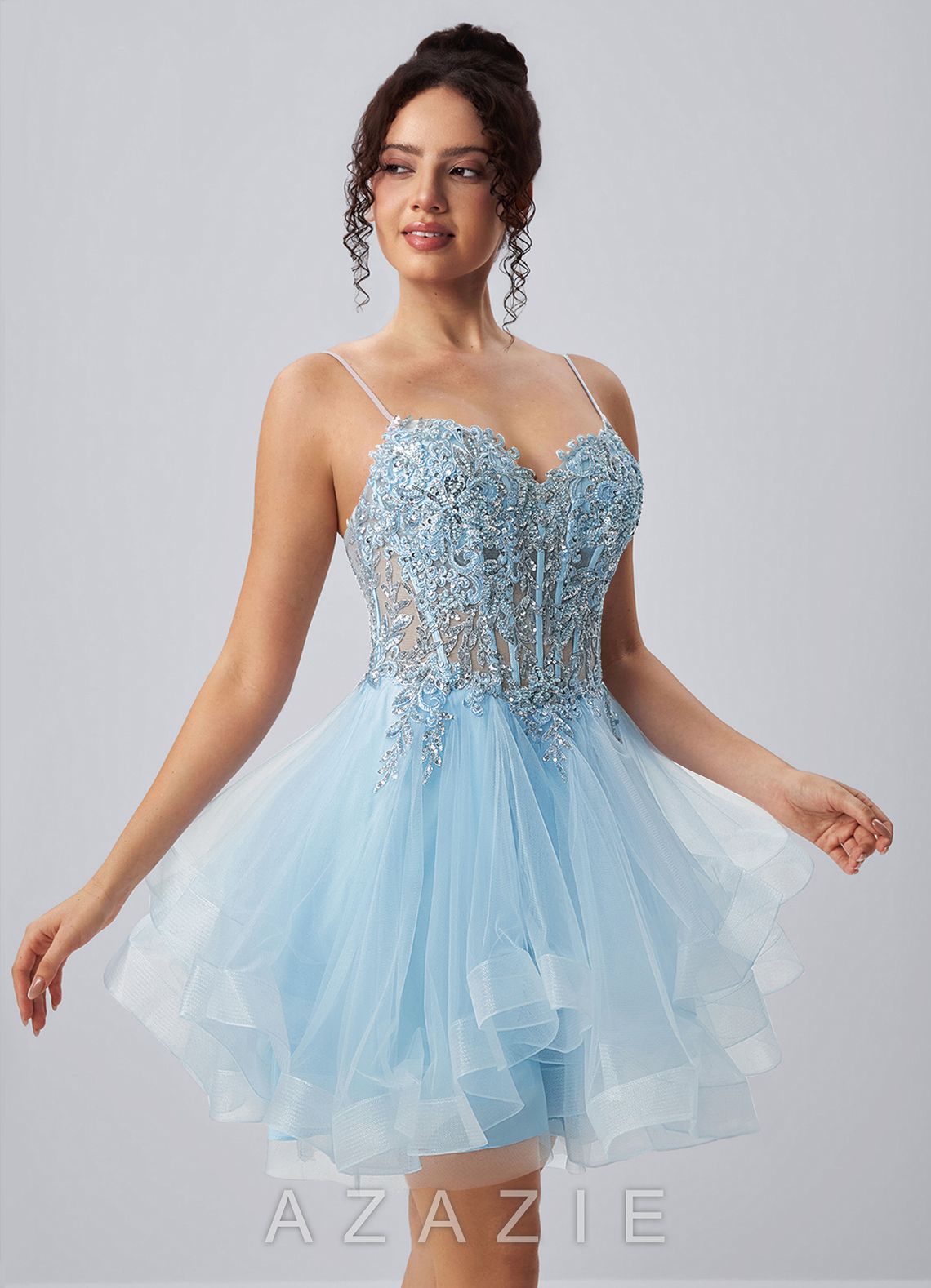 Katia Sky Blue Spaghetti Strap Tulle Lace-Up Mini Dress