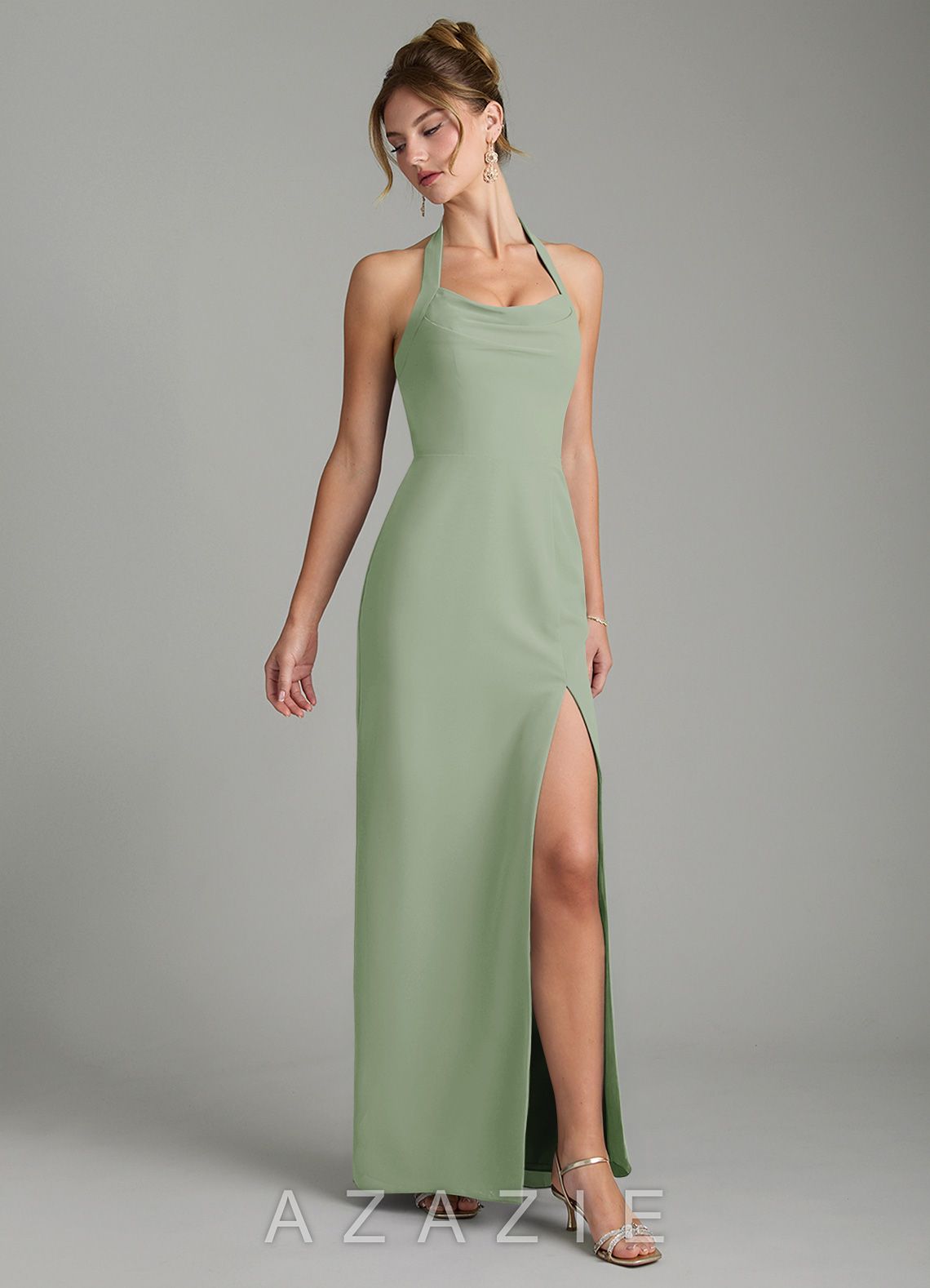 Azazie Arnelle Dusty Sage Sheath Pleated Chiffon Dress dusty_sage