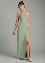 Azazie Arnelle Dusty Sage Sheath Pleated Chiffon Dress dusty_sage