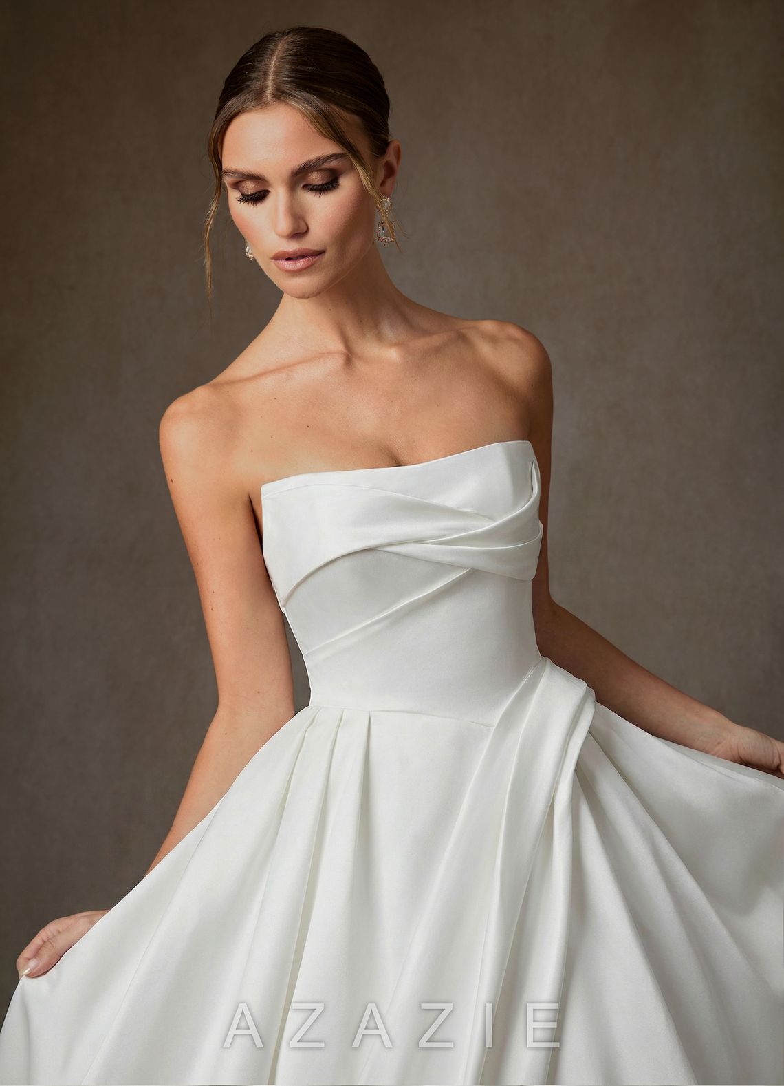 Azazie Suki Diamond White Ball-Gown Off the Shoulder Satin Dress