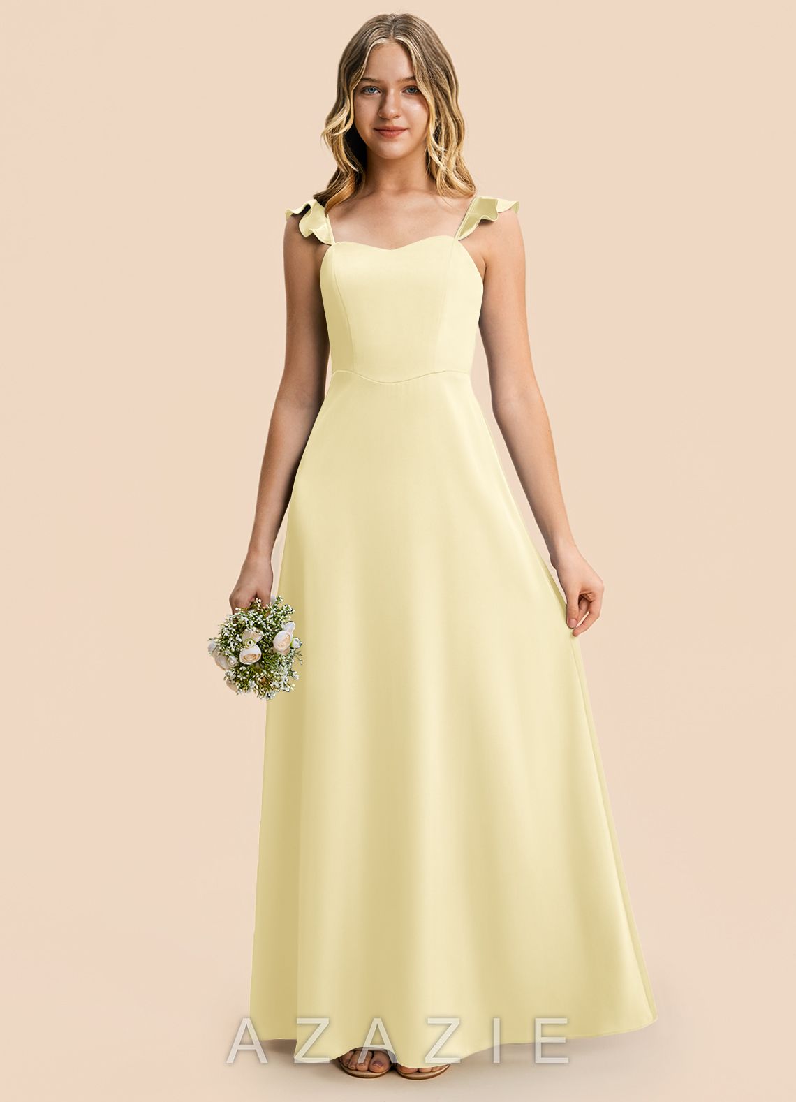 Azazie Mavie Junior Lemon Sorbet A-Line Ruched Stretch Satin Dress lemon_sorbet
