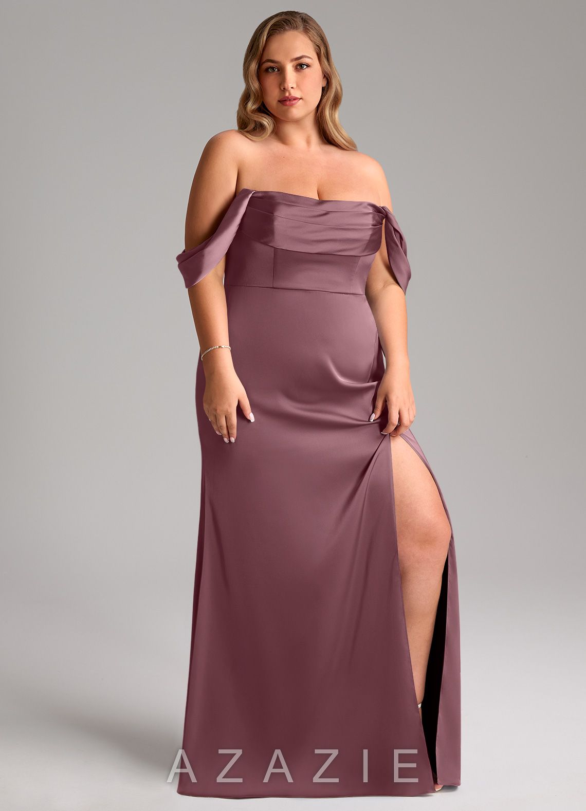 Azazie Saige Amethyst Sheath Off the Shoulder Stretch Satin Dress amethyst
