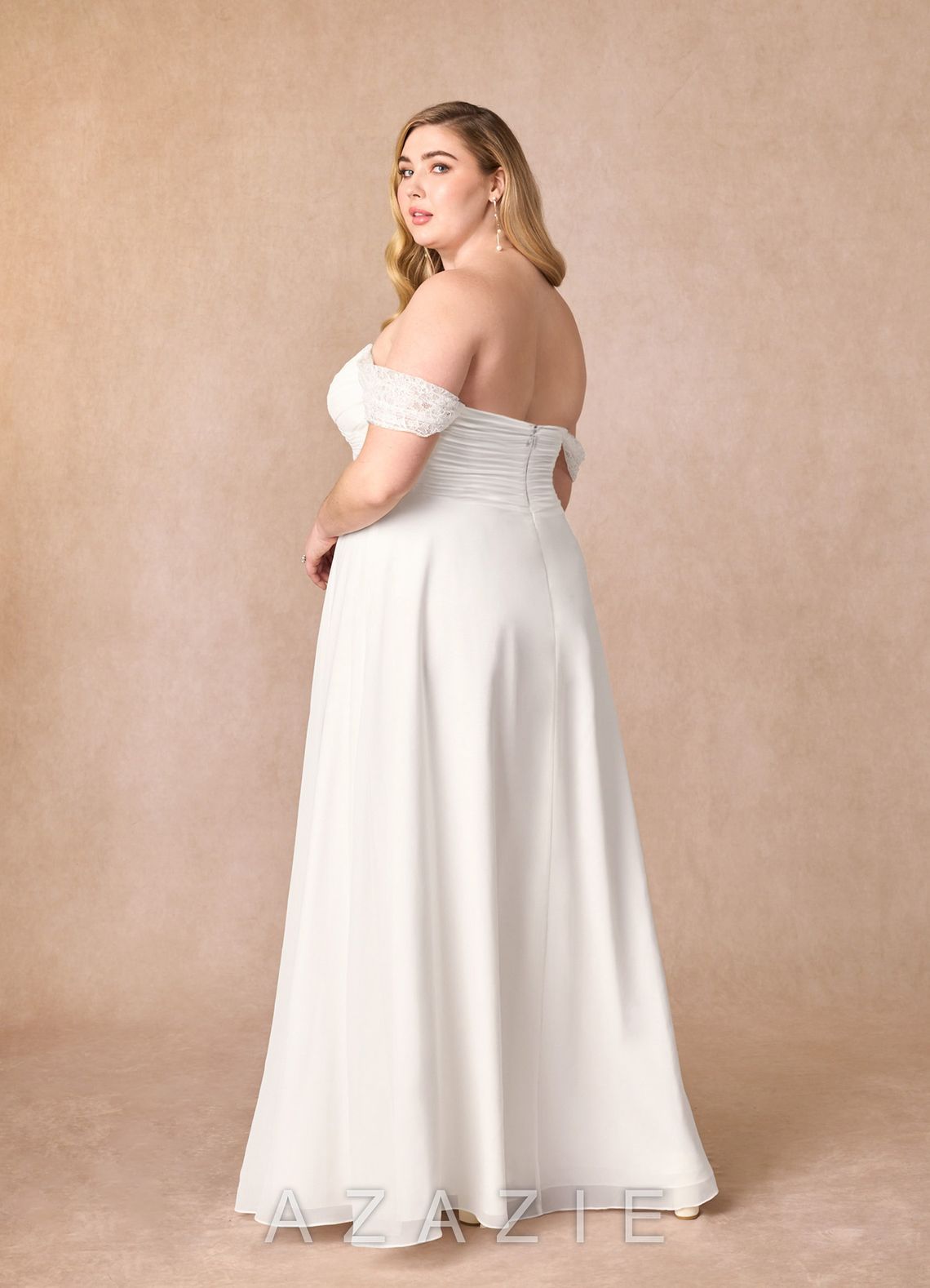 Azazie Zadie Wedding Dress Diamond White A-Line Off the Shoulder Chiffon Dress diamond_white