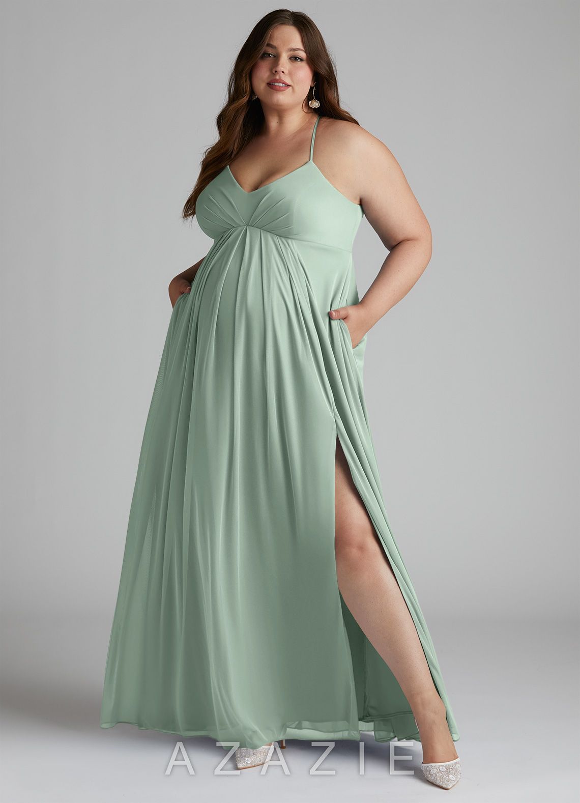 Azazie Annabelle A-Line V-Neck Pleated Mesh Floor-Length Dress agave