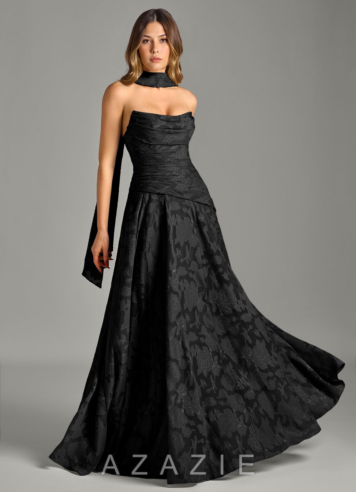 Azazie Gabriela Black A-Line Strapless Floral Burnout Dress black
