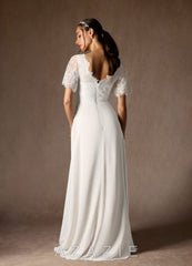 Azazie Veradis Wedding Dress Diamond White A-Line V-Neck lace Chiffon Dress diamond_white
