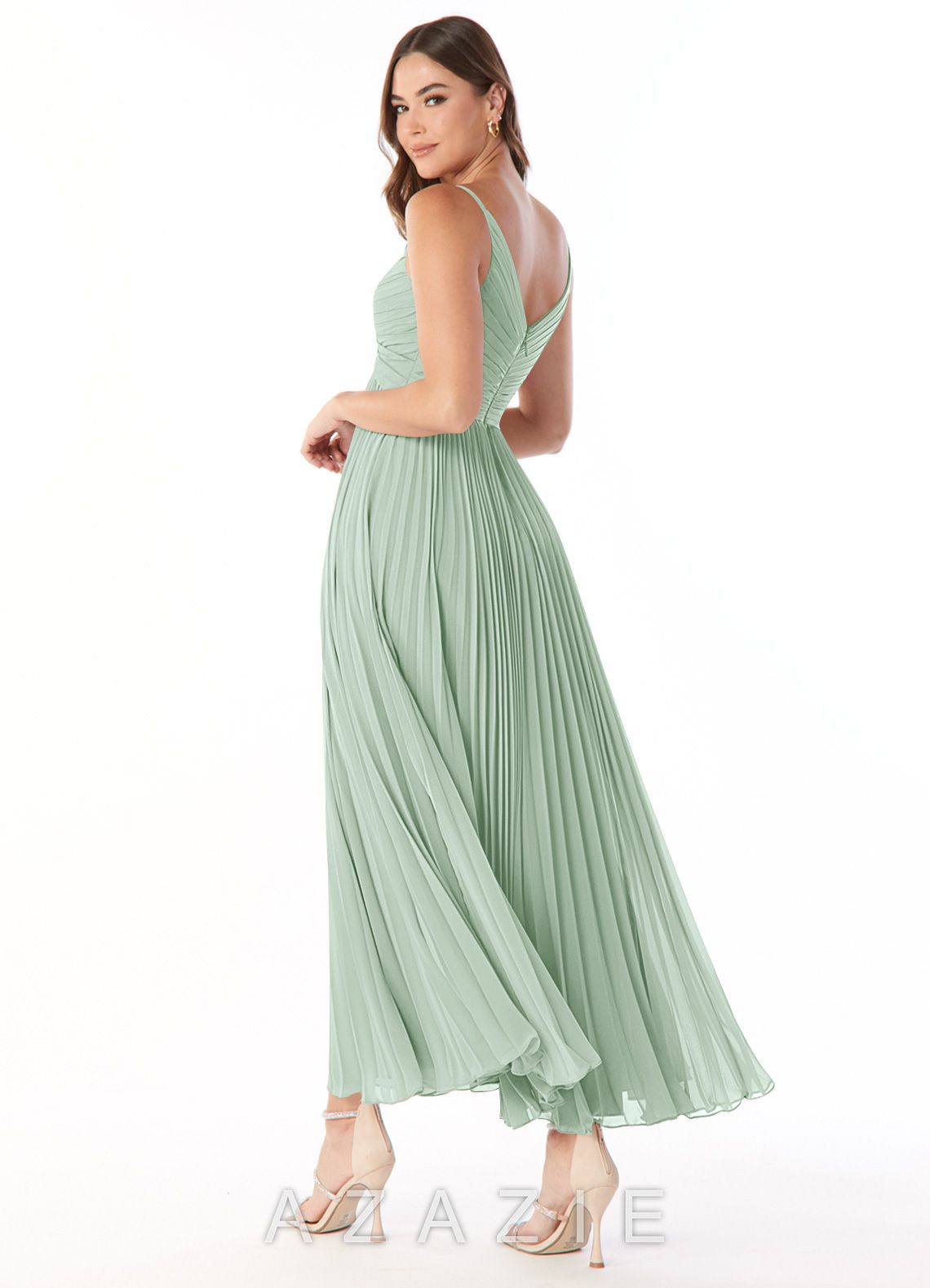 Azazie Raychelle Agave A-Line V-Neck Chiffon Dress agave