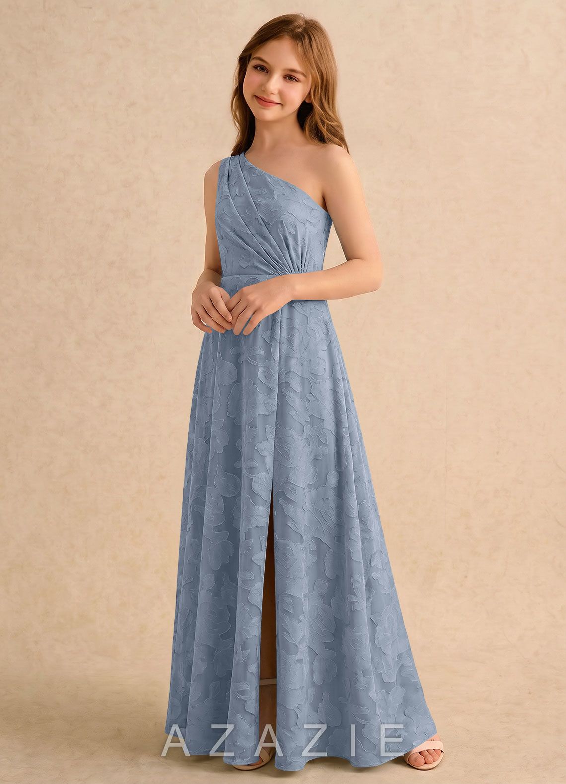 Azazie Pudles Girls Formal Dusty Blue A-Line One Shoulder Floral Burnout Dress