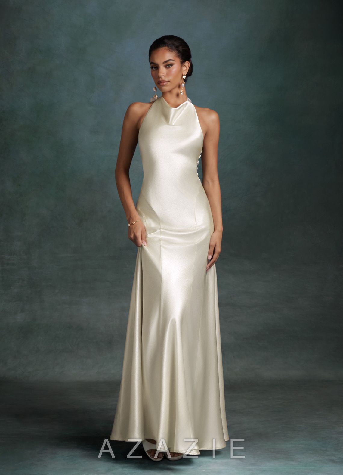 Azazie Autumn Antique White Mermaid High Neck Charmeuse Dress