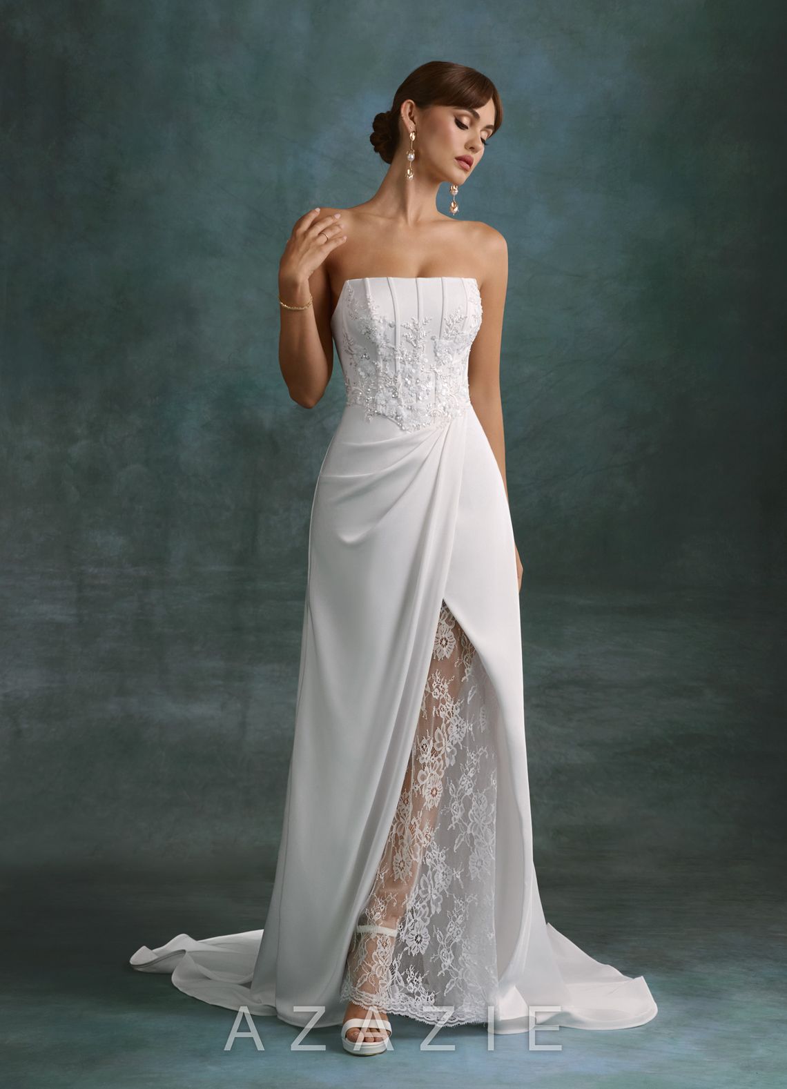 Azazie Shera Diamond White A-Line Strapless Crepe Back Satin Dress diamond_white