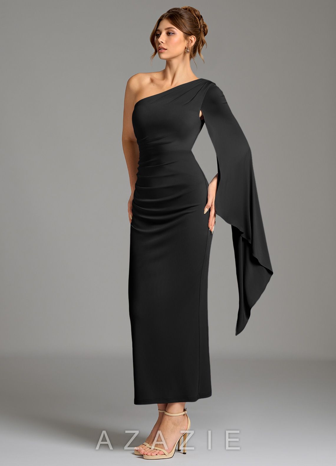Azazie Jana Black Sheath Long Sleeve Premium Stretch Jersey Dress black