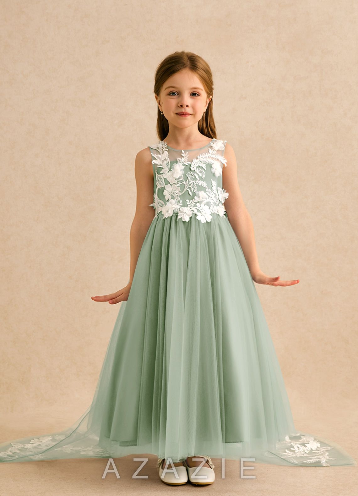 Azazie Mixie Dusty Sage Ball-Gown Lace Dress dusty_sage