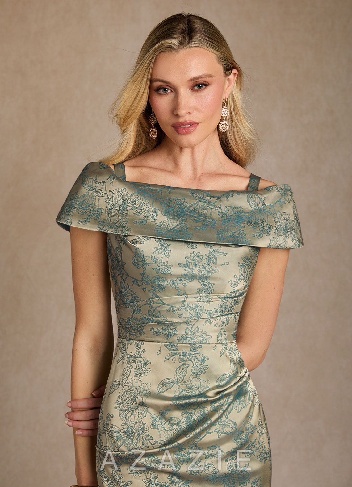 Azazie Kenosha Platinum Teal Sheath Off the Shoulder Floral Jacquard Dress platinum_teal