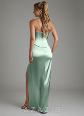 Azazie Logan Agave Sheath Strapless Metallic Satin Dress agave