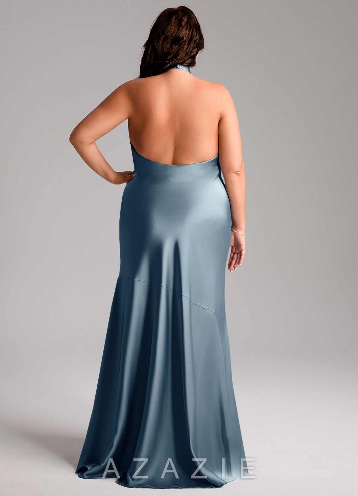 Azazie Lorena Dusty Blue Mermaid Pleated Stretch Satin Dress dusty_blue