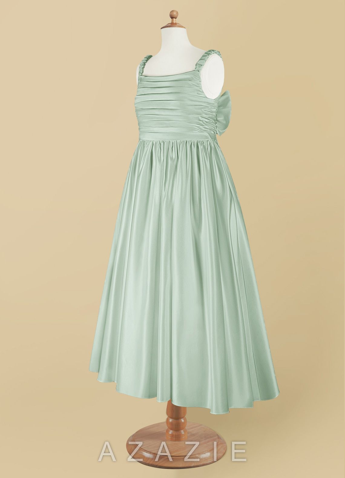 Azazie Cutie Pie Agave A-Line Pleated Matte Satin Dress agave