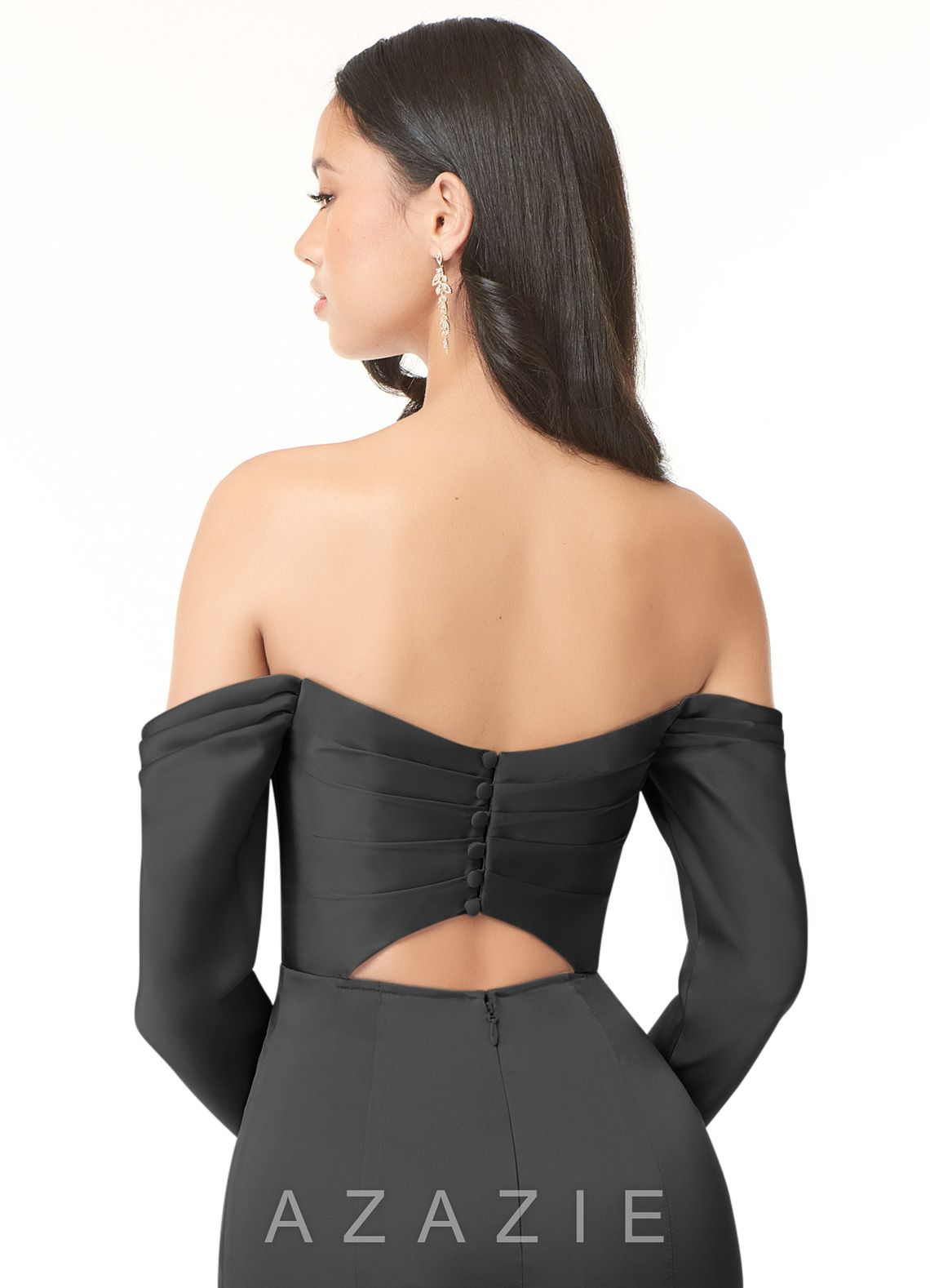 Azazie Hallie Black Mermaid Off-The-Shoulder Long Sleeve Stretch Satin Convertible Dress black