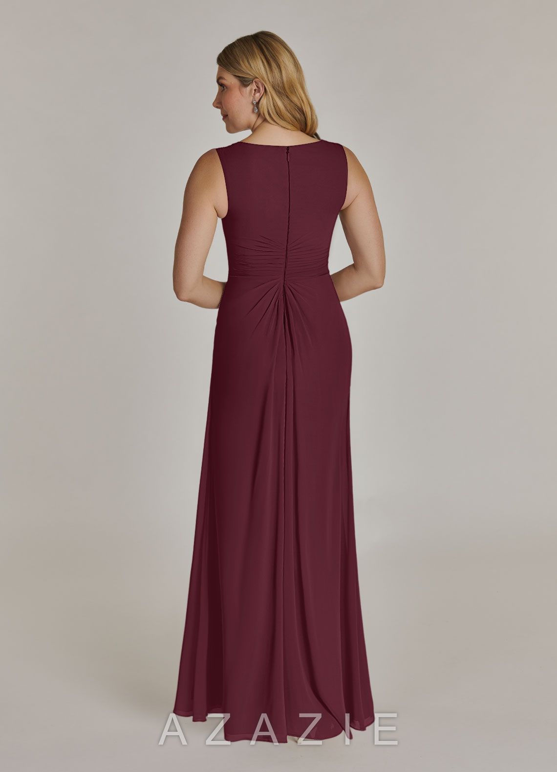 Azazie Manuella Cabernet A-Line V-Neck Pleated Chiffon Dress cabernet