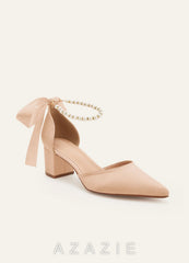 Matching Color Matte Satin Pearl and Bow Pointed Toe Block Heels