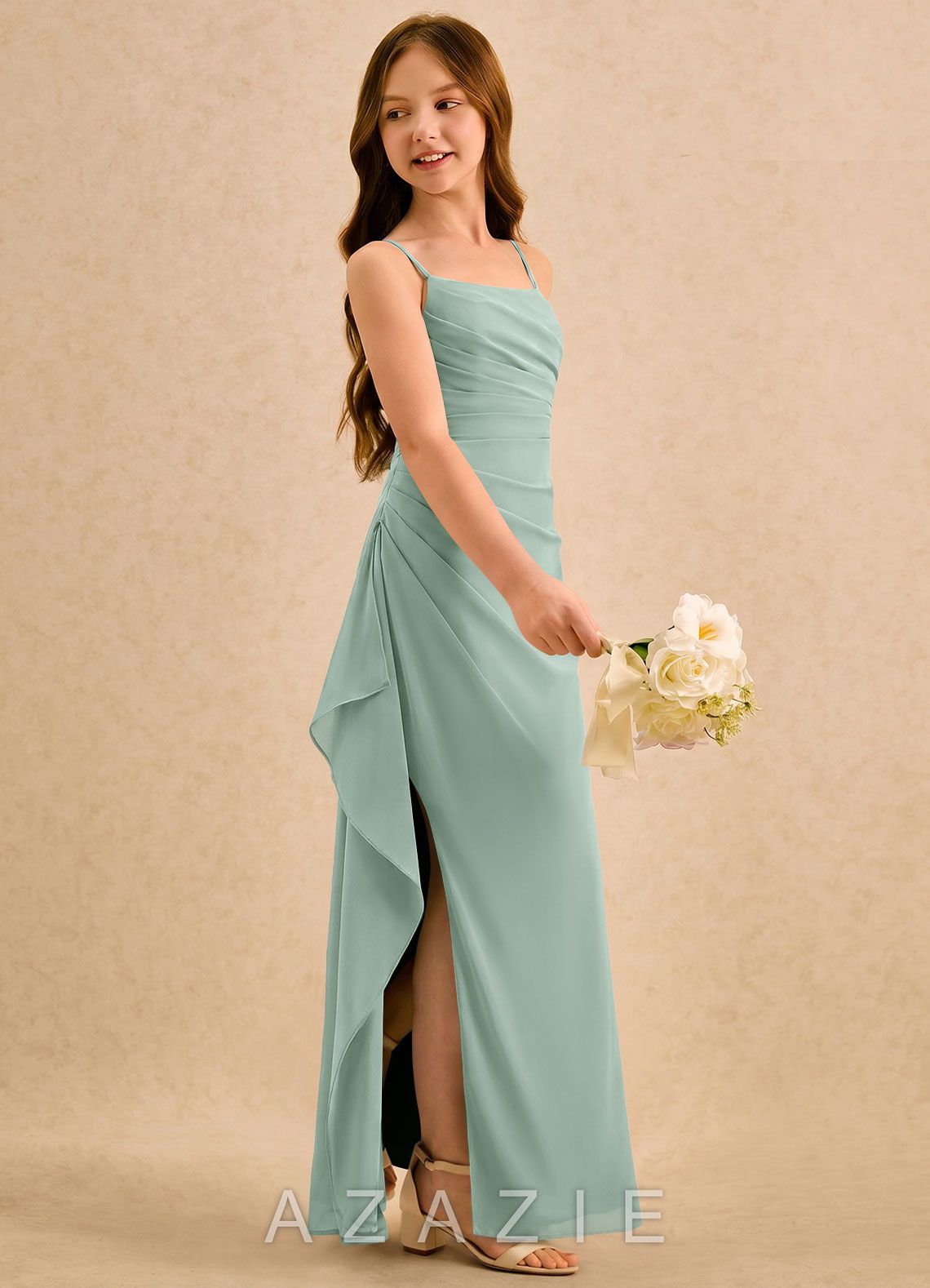 Azazie Cannoli Girls Formal Agave A-Line Pleated Chiffon Dress agave