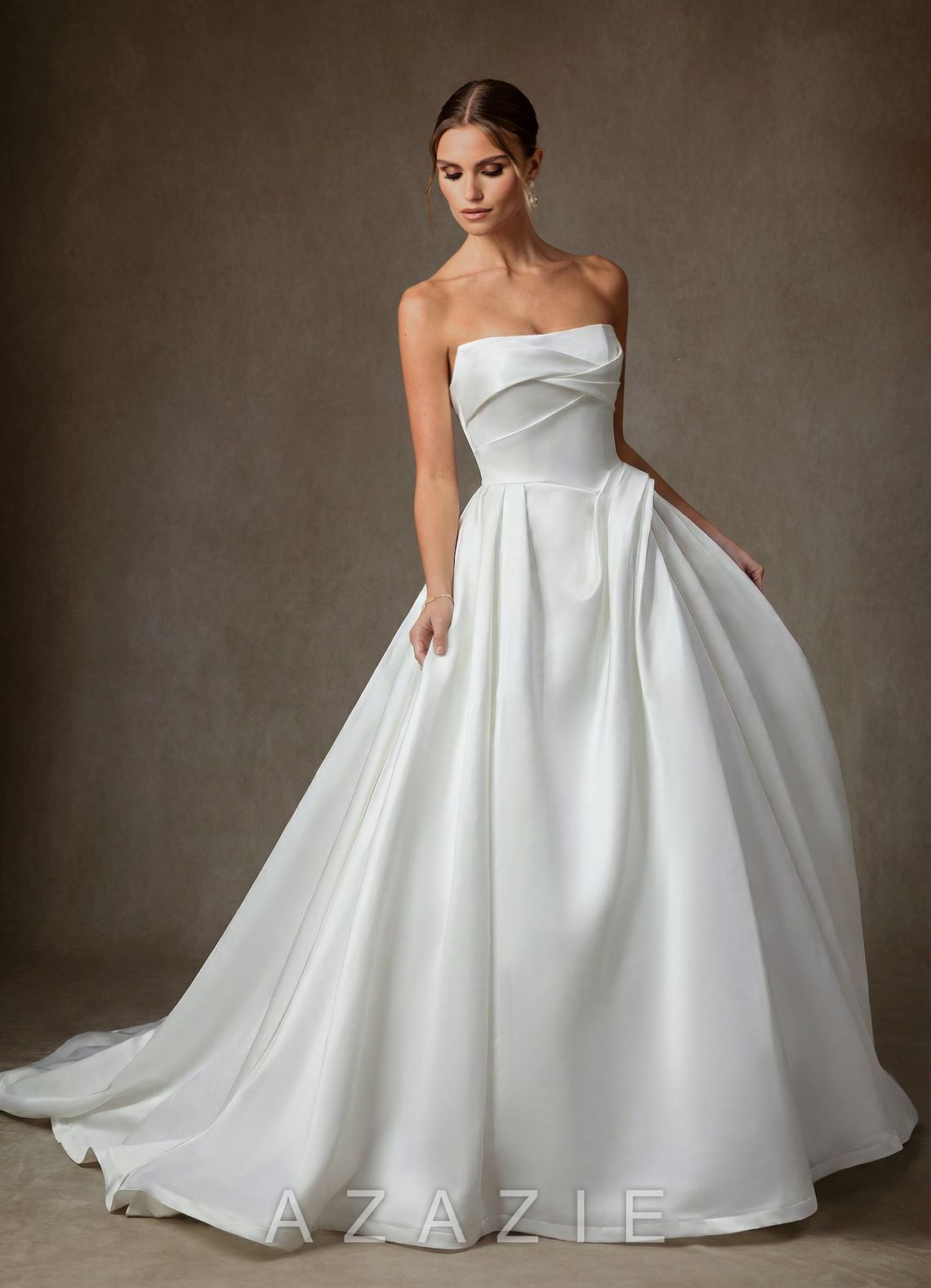 Azazie Suki Diamond White Ball-Gown Off the Shoulder Satin Dress