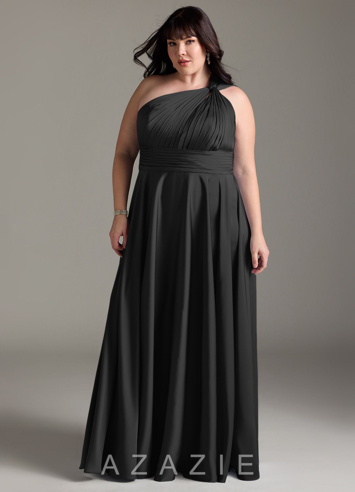 Azazie Charlize Black A-Line One Shoulder Stretch Satin Dress black