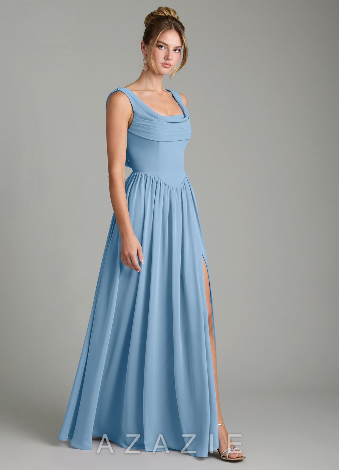 Azazie Novi Steel Blue A-Line Pleated Chiffon Dress steel_blue