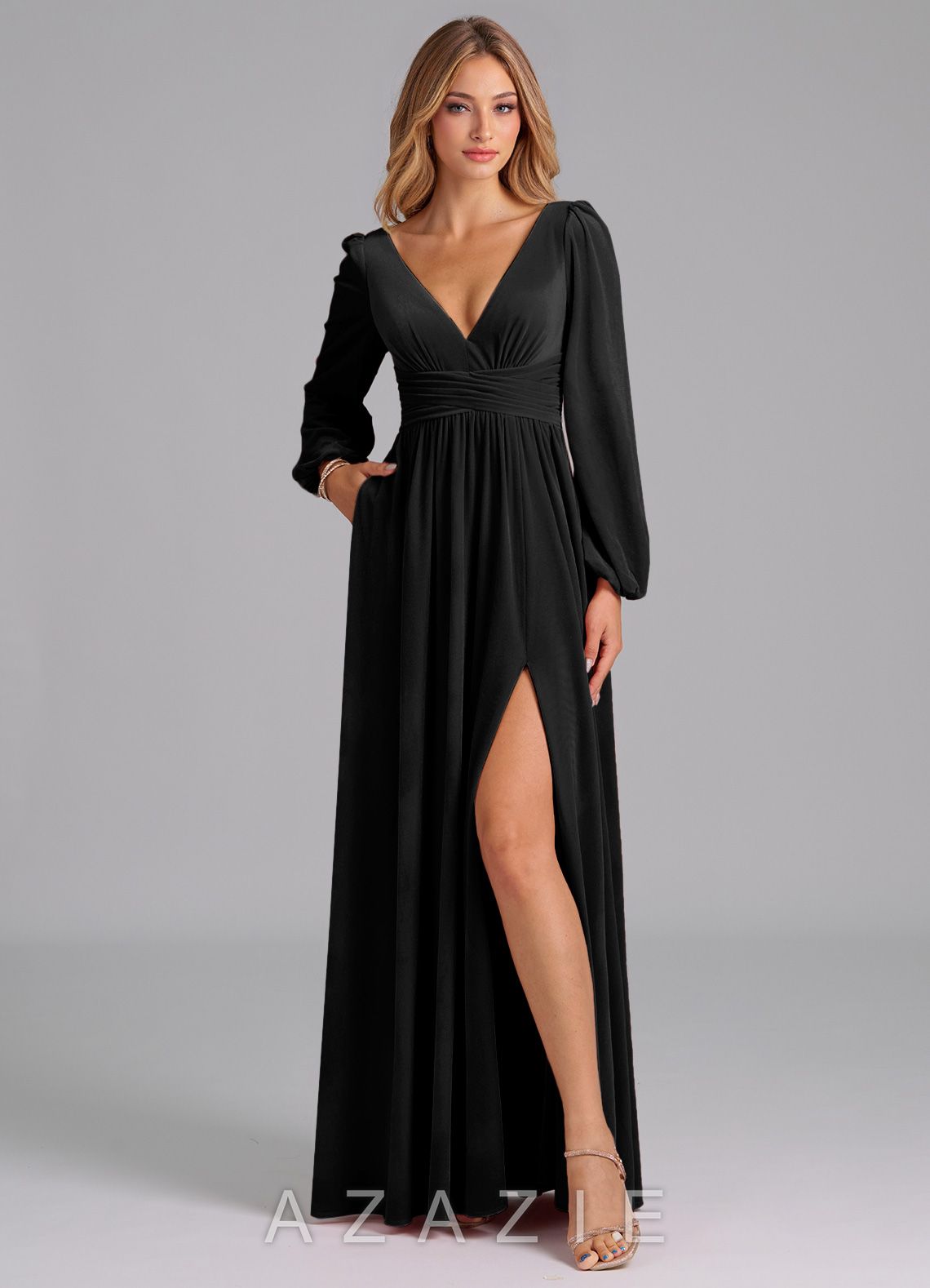 Azazie Norah Black A-Line Long Sleeve Velvet Dress black