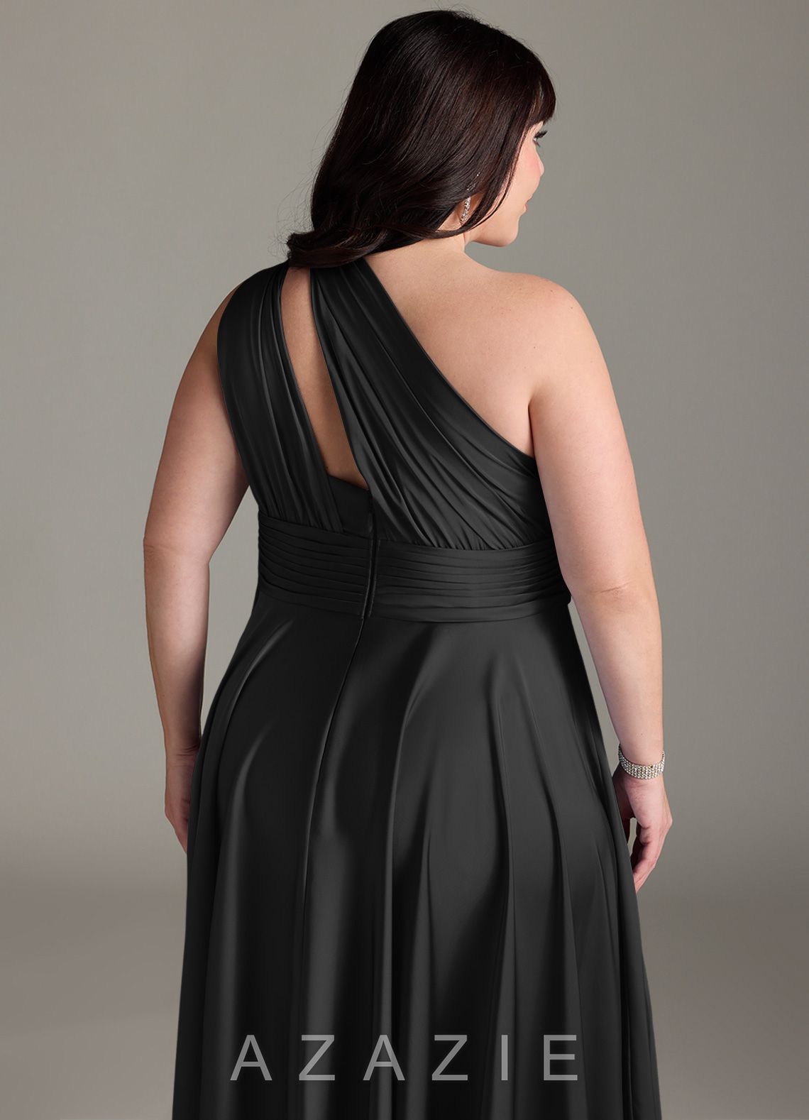 Azazie Charlize Black A-Line One Shoulder Stretch Satin Dress black