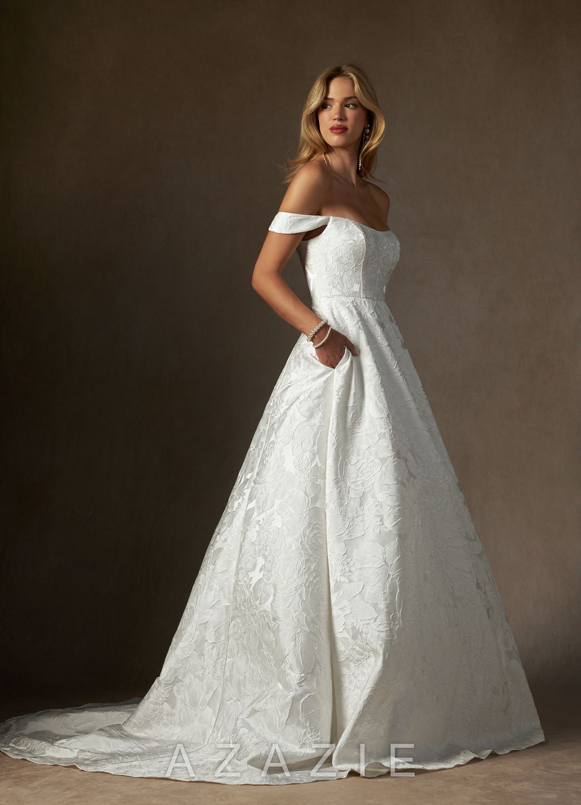 Azazie Amaya Antique White Ball-Gown Strapless Floral Jacquard Dress antique_white
