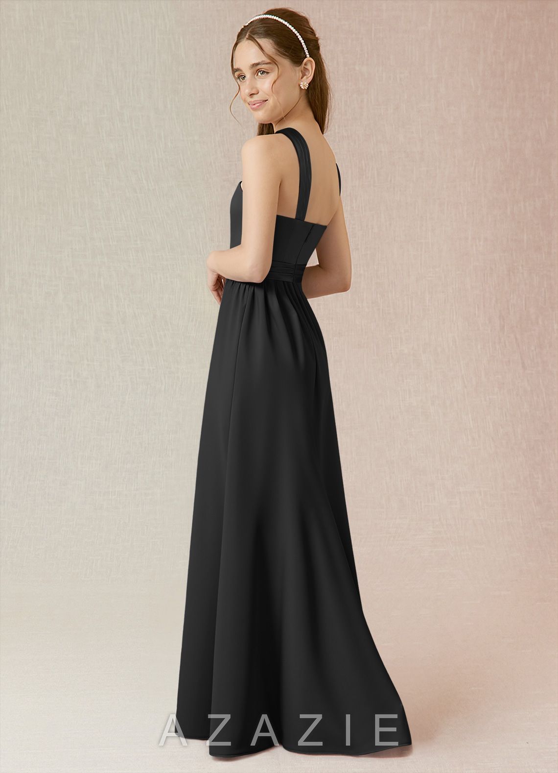 Azazie Jiya Junior Black A-Line Pleated Stretch Satin Dress black